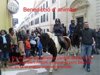 Benedicció d' animals

Els animals els beneixen perquè desde el dia
en el que Sant Antoni va curar el porc beneïntlo, es fa el mateix amb els animals.

 