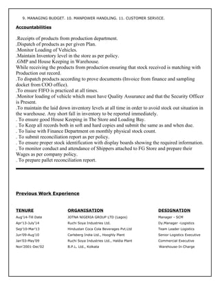 9. MANAGING BUDGET. 10. MANPOWER HANDLING. 11. CUSTOMER SERVICE.
Accountabilities
.Receipts of products from production department.
.Dispatch of products as per given Plan.
.Monitor Loading of Vehicles.
.Maintain Inventory level in the store as per policy.
.GMP and House Keeping in Warehouse.
While receiving the products from production ensuring that stock received is matching with
Production out record.
.To dispatch products according to prove documents (Invoice from finance and sampling
docket from COO office).
.To ensure FIFO is practiced at all times.
.Monitor loading of vehicle which must have Quality Assurance and that the Security Officer
is Present.
.To maintain the laid down inventory levels at all time in order to avoid stock out situation in
the warehouse. Any short fall in inventory to be reported immediately.
. To ensure good House Keeping in The Store and Loading Bay.
. To Keep all records both in soft and hard copies and submit the same as and when due.
. To liaise with Finance Department on monthly physical stock count.
. To submit reconciliation report as per policy.
. To ensure proper stock identification with display boards showing the required information.
. To monitor conduct and attendance of Shippers attached to FG Store and prepare their
Wages as per company policy.
. To prepare pallet reconciliation report.
Previous Work Experience
TENURE ORGANISATION DESIGNATION
Aug’14-Till Date JOTNA NIGERIA GROUP LTD (Lagos) Manager - SCM
Apr’13-July’14 Ruchi Soya Industries Ltd. Dy.Manager -Logistics
Sep’10-Mar’13 Hindustan Coca Cola Beverages Pvt.Ltd Team Leader Logistics
Jun’09-Aug’10 Carlsberg India Ltd., Hooghly Plant Senior Logistics Executive
Jan’03-May’09 Ruchi Soya Industries Ltd., Haldia Plant Commercial Executive
Non’2001-Dec’02 B.P.L. Ltd., Kolkata Warehouse-In Charge
 