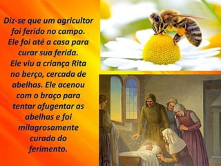 Diz-se que um agricultor
foi ferido no campo.
Ele foi até a casa para
curar sua ferida.
Ele viu a criança Rita
no berço, cercada de
abelhas. Ele acenou
com o braço para
tentar afugentar as
abelhas e foi
milagrosamente
curado do
ferimento.
 