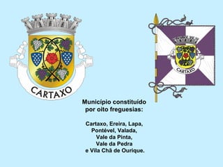 Município constituído
por oito freguesias:
Cartaxo, Ereira, Lapa,
Pontével, Valada,
Vale da Pinta,
Vale da Pedra
e Vila Chã de Ourique.
 