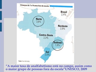 “A maior taxa de analfabetismo está no campo, assim como
o maior grupo de pessoas fora da escola”UNESCO, 2009
 