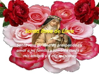 Santa Rosa de Lima 
Santa rosa de lima da prosperidad y 
amor a mi familia y también cuida a 
mis amigos y a mis mascotas 
