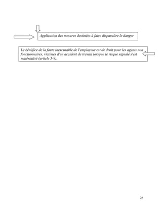 26
Application des mesures destinées à faire disparaître le danger
Le bénéfice de la faute inexcusable de l'employeur est de droit pour les agents non
fonctionnaires, victimes d'un accident de travail lorsque le risque signalé s'est
matérialisé (article 5-9).
 