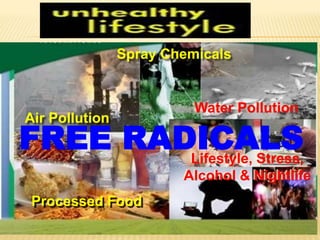Spray Chemicals
Air Pollution
Water Pollution
Processed Food
Lifestyle, Stress,
Alcohol & Nightlife
FREE RADICALS
 