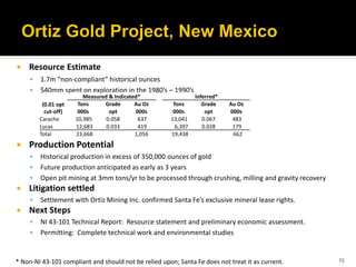    Resource Estimate
        1.7m “non-compliant” historical ounces
        $40mm spent on exploration in the 1980’s – 1990’s
                         Measured & Indicated*                   Inferred*
          (0.01 opt    Tons     Grade       Au Oz       Tons        Grade    Au Oz
           cut-off)    000s       opt       000s        000s         opt     000s
         Carache      10,985     0.058       637       13,041       0.067     483
         Lucas        12,683     0.033       419         6,397      0.028     179
         Total        23,668                1,056      19,438                 662
   Production Potential
        Historical production in excess of 350,000 ounces of gold
        Future production anticipated as early as 3 years
        Open pit mining at 3mm tons/yr to be processed through crushing, milling and gravity recovery
   Litigation settled
        Settlement with Ortiz Mining Inc. confirmed Santa Fe’s exclusive mineral lease rights.
   Next Steps
        NI 43-101 Technical Report: Resource statement and preliminary economic assessment.
        Permitting: Complete technical work and environmental studies


* Non-NI 43-101 compliant and should not be relied upon; Santa Fe does not treat it as current.          25
 