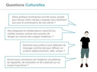 Questions  Culturelles Notre politique d’entreprise est-elle assez souple pour laisser notre marque s’exposer plus librement aux avis et contributions de nos clients ? Nos dirigeants et collaborateurs voient-ils les médias sociaux comme des sources de danger ou comme des usages modernes ? Avons-nous conscience de l’exigence de patience, de régularité, de motivation et de créativité sur du moyen-long terme ? Sommes-nous prêts à nous détacher du message commercial pour diffuser un contenu digital pertinent, utile, unique ? 