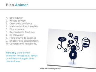 Bien  Animer Etre régulier Rendre service Créer de la confiance Maîtriser les fonctionnalités Etre spontané Rechercher le feedback Se réinventer Faire preuve de patience Engager ses collaborateurs Concrétiser la relation IRL Pensez-y :  une bonne animation nécessite du temps, un minimum d’argent et de bonnes idées. Image theconnectingplace.biz 