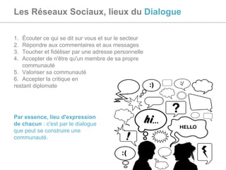Les Réseaux Sociaux, lieux du  Dialogue Écouter ce qui se dit sur vous et sur le secteur Répondre aux commentaires et aux messages Toucher et fidéliser par une adresse personnelle Accepter de n'être qu'un membre de sa propre communauté Valoriser sa communauté Accepter la critique en  restant diplomate Par essence, lieu d'expression de chacun  : c'est par le dialogue que peut se construire une communauté. 