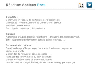 Réseaux Sociaux  Pros   Objectifs :  Construire un réseau de partenaires professionnels Diffuser de l'information commerciale sur son service Valoriser une expertise Recruter de nouveaux collaborateurs  Astuces :  Nombreux groupes dédiés : Healthcare – annuaire des professionnels, SIH – Systèmes d'information dans la santé, hcsmeu, …  Comment bien débuter :  Création d'un profil « porte parole », éventuellement un groupe Visiter des profils Demander de nouveaux contacts ciblés Partager des informations au sein des hubs Utiliser les évènements et les communiqués Interlier avec le compte Twitter, Slideshare et le blog, par exemple 