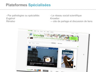 Plateformes  Spécialisées - Par pathologies ou spécialités  Eugénol Rénaloo - Le réseau social scientifique Knowtex ->  site de partage et discussion de liens  