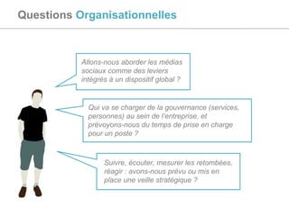 Questions  Organisationnelles Allons-nous aborder les médias sociaux comme des leviers intégrés à un dispositif global ? Qui va se charger de la gouvernance (services, personnes) au sein de l’entreprise, et prévoyons-nous du temps de prise en charge pour un poste ? Suivre, écouter, mesurer les retombées, réagir : avons-nous prévu ou mis en place une veille stratégique ? 