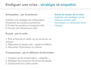 Endiguer une crise :  stratégie  et   empathie Anticipation : par la présence Définir une stratégie de e-Réputation Exploiter les contenus pertinents Truster les positions et espaces-clés Trouver ses influenceurs-clés Écoute : par la veille 1. Être à l'écoute et veiller ce qui se dit sur sa marque 2. Répondre en temps utile : rapide et réfléchi  3. Remonter l'information en interne Transparence : par la diffusion d'information 1. Création de fils d'information « objectifs » 2. Multiplier les occasions de prises de parole 3. Opportunité d'un porte parole Durée du temps de la crise :  Exploiter une stratégie sur les réseaux sociaux pour développer un renouveau de la marque  