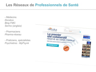 Les Réseaux de  Professionnels de Santé - Médecins Docatus Blog FMC Sermo (anglais) - Pharmaciens Pharma-réseau -  Praticiens, spécialistes Psychiatres : MyPsynk 
