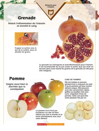 14
Pomme
Soigne aussi bien la
diarrhée que la
constipation
La pomme est le fruit par
excellence car elle est bien
tolérée par tout le monde et se
marie parfaitement avec tout
autre aliment
CURE DE POMMES
Elle est réalisée en prenant
pendant trois à cinq jours de suite
2 kg de pommes par jour comme
aliment unique. Elles peuvent
aussi être consommées râpées,
grillées ou bouillies mais sans
sucre. L’ingestion d’eau est
permise. Cette cure peut être
suivie plusieurs fois par an.
Aliments pour
lʼintestin
Grenade
Réduit l’inflammation de l’intestin
et enrichit le sang
Frapper sa surface avec le
dos de la cuillère, pour en
décoller les grains.
La grenade est astringente et anti-inflammatoire pour l’intestin.
Il est recommandé de ne pas avaler la partie dure qui reste en
bouche après avoir mâché les graines de la grenade car elle peut
être indigeste.
 