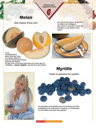15
Aliments pour
lʼappareil urinaire
Melon
Une source d’eau vive Les personnes pour lesquelles
le melon est indigeste
devraient le prendre avant de
manger ou en dehors des
repas.
C’est
probablement
pour cela que rien
ne calme autant la
soif en été qu’une bonne
tranche de melon.
Et que rien n’est aussi bon pour les reins que ce
véritable « sérum végétal » qu’est l’eau du melon.
Myrtille
Traite et prévient les cystites
Les myrtilles sont idéales pour les femmes car elles
combattent les infections urinaires et améliorent
la circulation veineuse des jambes.
 