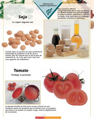 16
Soja
Le super légume sec
Aliments pour
lʼappareil reproducteur
À poids égal, les graines de soja contiennent
davantage de protéines et de fer que la
viande, plus de calcium que le lait et plus de
vitamines B1, B2 et B6 que l’œuf. Tout ceci
sans apporter de cholestérol.
Nous pouvons affirmer
catégoriquement que le soja est devenu
un aliment vedette non seulement pour
sa valeur nutritive, supérieure à celle de
la viande, mais aussi pour ses multiples
possibilités culinaires et diététiques
Tomate
Protège la prostate
La tomate bouillie ou frite dans un peu d’huile est une
meilleure source de lycopène que la tomate crue. Le lycopène,
qui donne à la tomate sa couleur rouge, évite la dégénération
de la prostate.
 