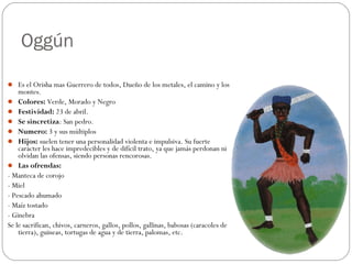 Oggún
 Es el Orisha mas Guerrero de todos, Dueño de los metales, el camino y los
montes. 
 Colores: Verde, Morado y Negro
 Festividad: 23 de abril.
 Se sincretiza: San pedro.
 Numero: 3 y sus múltiplos
 Hijos: suelen tener una personalidad violenta e impulsiva. Su fuerte
carácter les hace impredecibles y de difícil trato, ya que jamás perdonan ni
olvidan las ofensas, siendo personas rencorosas.
 Las ofrendas:
- Manteca de corojo
- Miel
- Pescado ahumado
- Maíz tostado
- Ginebra
Se le sacrifican, chivos, carneros, gallos, pollos, gallinas, babosas (caracoles de
tierra), guineas, tortugas de agua y de tierra, palomas, etc.
 