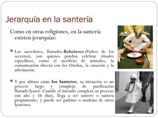 Jerarquía en la santería
Como en otras religiones, en la santería
existen jerarquías: 
Los sacerdotes, llamados Babalawos (Padres de los
secretos), son quienes pueden celebrar rituales
específicos, como el sacrificio de animales, la
comunicación directa con los Orichas, la curación y la
adivinación.
Y por ultimo están los Santeros, su iniciación es un
proceso largo y complejo de purificación
llamado Iyawó. Cuando el iniciado completa su proceso
(un año y 16 días), llega a ser santero o santera
propiamente, y puede ser padrino o madrina de otros
Iyawóses.
 