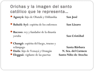 Orichas y la imagen del santo
católico que le representa…
Aganyú: hijo de Obatalá y Oddundúa San José
Babalú Ayé: espíritu de los enfermos San Lázaro
Bacoso: rey y fundador de la dinastía
yoruba San Cristóbal
Changó: espíritu del fuego, trueno y
relámpago Santa Bárbara
Dada: hijo de Yemayá y Orungán N. Sra. del Carmen
Elegguá: vigilante de las puertas Santo Niño de Atocha
 