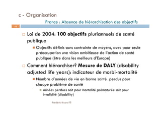   Loi de 2004: 100 objectifs pluriannuels de santé
publique
 Objectifs définis sans contrainte de moyens, avec pour seule
préoccupation une vision ambitieuse de l’action de santé
publique (être dans les meilleurs d’Europe)
  Comment hiérarchiser? Mesure de DALY (disability
adjusted life years): indicateur de morbi-mortalité
 Nombre d’années de vie en bonne santé  perdus pour
chaque problème de santé
  Années perdues soit pour mortalité prématurée soit pour
invalidité (disability)
Frédéric Bizard ®
11
c - Organisation
France : Absence de hiérarchisation des objectifs
 