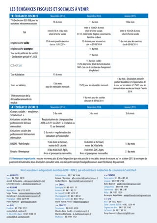 LES ÉCHÉANCES FISCALES ET SOCIALES À VENIR 
 ÉCHÉANCES FISCALES Novembre 2014 Décembre 2014 Janvier 2015 
TVA Déclaration DES /DEB pour les 
14 du mois 11 du mois 13 du mois 
opérations intracommunautaires 
 ÉCHÉANCES SOCIALES Novembre 2014 Décembre 2014 Janvier 2015 
Charges sociales - employeurs 
5 du mois 5 du mois 5 du mois 
50 salariés et + 
Cotisations sociales des 
professionnels libéraux 
mensualisés 
Régularisation des charges sociales 
2013 au 5/11 (ou 20/11 si échéance au 
15 sur demande) 
Cotisations sociales des 
professionnels libéraux non 
mensualisés 
5 du mois + regularisation des 
cotisations prévisionnelles 
URSSAF / Pole Emploi 
15 du mois si mensuel, 
moins de 50 salariés 
15 du mois si mensuel, 
moins de 50 salariés 
15 du mois 
Retraite / Prevoyance 
30 du mois DUCS Agirc, 
Arrco et prevoyance mensuelles 
31 du mois DUCS Agirc, 
Arrco et prevoyance mensuelles 
31 du mois 
TVA 
entre le 16 et 24 du mois 
selon le forme sociale 
entre le 16 et 24 du mois 
selon le forme sociale. 
31/12 - Date limite d’option convernant la 
franchise en base 
entre le 16 et 24 du mois 
selon le forme sociale 
Impôts société solde 17 du mois pour les exercices 
clos au 31/07/2014 
15 du mois pour les exercices 
clos au 31/08/2014 
15 du mois pour les exercices 
clos le 30/09/2014 
Impôts société acompte 15 du mois 
Taxe sur les véhicule de société 
1er du mois 
- Déclaration spéciale n° 2855 
CET - CFE (1) 
15 du mois (solde) 
31/12 date limite dépôt de la déclaration 
1447-C en cas de création ou changement 
d’exploitant 
Taxe Habitation 17 du mois 
Taxes sur salaires 17du mois 
pour les redevables mensuels 
15/12 pour les redevables mensuels 
15 du mois - Déclaration annuelle 
portant liquidation et régularisation de 
la taxe sur les salaires (n° 2502) pour les 
rémunérations versées au titre de l’année 
2014. 
Télétransmission de la 
déclaration annuelle du 
resultat 
1er du mois pour les sociétés 
clôturant le 31/08/2014 
(1) Remarque importante : vous ne receverez plus d’avis d’imposition par voie postale si vous etiez tenue de recourir au 1er octobre 2013 à un moyen de 
paiement dématérialisé.Vous devez alors consulter votre avis dans votre compte fiscal professionnel avant l’échéance de paiement. 
Merci aux cabinets indépendants membres de DIFFERENCE, qui ont contribué à la rédaction de ce numéro de Santé Flash 
>> ALIANTIS 
Lyon : 04 78 61 28 70 
Annick de Vaujany - a.devaujany@aliantis.net 
Céline Desmons - c.desmons@aliantis.net 
>> AXIOME 
Montpellier : 04 67 15 89 15 
Serge Zenou - szenou@axiomeassocies.fr 
Boris Ricard - bricard@axiomeassocies.fr 
Perpignan : 04 68 52 99 99 
Pierre Palmade - pierre@palmade.fr 
>> BDL 
Cambrai : 03 27 82 27 11 
contact@bdl-cambrai.fr 
St Amand les Eaux : 03 27 48 00 44 
contact@bdl-saintamand.fr 
Valenciennes : 03 27 46 16 46 
Arnaud l’Hermine - alhermine@bdl-valenciennes.fr 
Herbert Perrin - hperrin@bdl-valenciennes.fr 
>> CAPEC 
Quetigny : 03 80 48 11 11 
Auxerre : 03 86 51 42 21 
Le Creusot : 03 85 55 10 37 
Champagnole : 03 84 73 89 82 
Chalon sur Saône : 03 85 87 79 52 
Marie-france Perrin - mfperrin@capec.fr 
>> COGEST 
Strasbourg : 03 88 35 42 30 
Charles-René Tandé - cr.tande@cogest.fr 
Marilena Mattozza - m.mattozza@cogest.fr 
Mulhouse : 03 89 54 17 21 
>> CRÉATIS 
Paris centre : 01 53 64 07 40 
Le pecq : 01 39 58 57 50 
Aziliz Bodivit - abodivit@creatisgroupe.com 
Longjumeau : 01 69 19 19 40 
Courbevoie : 01 47 68 52 81 
Vichy : 04 70 31 12 30 
Arcangela Napolitano - anapolitano@creatisgroupe.com 
>> GFE 
Nice : 04 93 72 42 00 
Saint Laurent du Var : 04 92 12 59 99 
Cagnes-sur-Mer : 04 93 20 20 63 
La Trinité : 04 93 27 65 10 
Serge Laurent - slaurent@gfe06.com 
