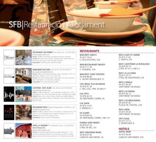 SFB|Restauració i Allotjament

       RESTAURANT CAN FERRER | Ctra. de Vic, km. 7 | 93 876 00 62                       RESTAURANTS
       restaurant@canferrer.com                                                         BAR-REST. KIKU'S                REST.-CAFÈ ST. ISIDRE
       Horari: De dilluns a diumenge. Tancat dijous per descans setmanal                                                93 873 71 62
       Serveis: Menú diari. Carta. Saló per a banquets. Bodes. Aparcament reser-
                                                                                        93 877 19 41
       vat. Terrassa per a sopars. Festes d’empresa i familiars.                        C. PICA D'ESTATS, S/N           C. ANETO, S/N
       Especialitat: Amanides, peixos, pastisseria i gelats.
                                                                                        BAR-RESTAURANT MASOY            REST. CAFETERIA LA ROSALEDA
                                                                                        93 877 17 50                    93 876 06 79
       MARISQUER CAN LADIS | Ctra. de Vic, 56 | 93 876 00 19                            C. PUIGMAL, S/N                 CTRA. N-141-C, KM 3,7
       marisquercanladis@hotmail.es
       Horaris: Dilluns Tancat | Dimarts, Dimecres, Dijous i Diumenge: 13.00-17.30                                      REST. A LA CUINA
                                                                                        BAR-REST. SANT FRUITÓS
       | Divendres i Dissabte: 13.00-17.30 i 21.00-23.30                                                                93 877 23 57
       Serveis: Carta tota la setmana | Menú "degustació" 36 €, tota la setmana |
                                                                                        93 878 88 80                    CTRA. DE SANTPEDOR, S/N
       Menú "plat del dia" 22 €, de dimarts a divendres.                                C. JACINT VERDAGUER, 57
       Especialitat: Peix i marisc de primera qualitat.                                                                 REST. L'ANGLE
                                                                                        CAF.-BRAS. PLA DE BAGES         93 875 94 29
                                                                                        93 876 91 28                    SANT BENET DE BAGES
       CAFETERIA - REST. KLAM | Ctra. de Vic, 43 | 93 878 86 25                         C. DEL COLL, PAR. 26 NAU 4
       www.klamrestauracio.com
       Horari: De dilluns a dijous de 7 a 21 h | divendres i dissabtes de 7 a 24 h |                                    REST. LA FONDA
       diumenges de 18 h a 24 h | Tancat dilluns al vespre, i diumeges matí i migdia.   CAL PITU                        93 875 94 13
       Serveis: Menú, Carta i Servei de Pizzeria. | Menú diari casolà de dilluns a      93 878 82 53                    SANT BENET DE BAGES
       divendres. Carta al cap de setmana, orientada a la cuina mediterrania amb        AV. BERTRAND I SERRA, 26
       plats de la terra.                                                                                               REST. LES BRUCARDES
                                                                                        CAL RAFA                        93 876 07 02
                                                                                        93 876 12 87                    PLAÇA DE L’HOSTAL, S/N
       RESTAURANT RUTH | Plaça de l’Ajuntament, 3 | 93 876 12 36                        C. MANELIC, 1
       ruth@restaurantruth.com                                                                                          REST. MÓN
       Horari: De dilluns a dimecres de 8 a 16 h | de dijous a dissabte de 8 h a 16 h                                   93 875 94 04
       i de 21 h a 23 h | diumenge només menjar per emportar de 11 h a 15 h.            ES FLORIT                       SANT BENET DE BAGES
       Serveis: Fem carta, menú i càterings a mida.                                     93 878 89 92
       Especialitat: Arrossos i producte de temporada.                                  AV. BERTRAND I SERRA, 108-110   VIP'S POOL
                                                                                                                        93 877 27 51
                                                                                        FONDA SANT BENET                C. MONTSANT, 8
       HOTEL LA SAGRERA** Av. Bertrand i Serra, 2 | 93 876 09 42                        93 876 07 23
       Hotel Monument                                                                   CTRA. DE VIC, 101
       www.hotel-lasegrera.com                                                                                          HOTELS
       Serveis: 8 habitacions dobles amb bany complet, calefacció, A.C., T.V. |         REST. BRASERIA MARC             HOTEL MÓN
       Esmorzar continental | Sala d’Art per a exposicions de pintura i arts plàs-                                      93 875 94 04
       tiques | Sala de Reunions amb capacitat per a 18/20 persones.| Zona WiFi
                                                                                        93 876 07 90
                                                                                        CAMÍ DE SANT BENET, 24          CAMÍ DE SANT BENET, S/N
 