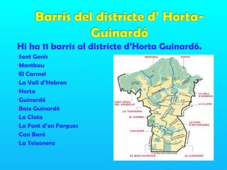 Hi ha 11 barris al districte d’Horta Guinardó.
•Sant Genís
•Montbau
•El Carmel
•La Vall d’Hebron
•Horta
•Guinardó
•Baix Guinardó
•La Clota
•La Font d’en Fargues
•Can Baró
•La Teixonera
 