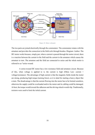 18
Figure 16: Motor schematic
The two parts are joined electrically through the commutator. The commutator rotates with the
armature and provides the connection to the field coils through brushes. Diagram: Author. The
DC motor works because, simply put, when a current is passed through the motor circuit, there
is a reaction between the current in the field and the current in the armature which causes the
armature to turn. The armature and the field are connected in series and the whole motor is
referred to as "series wound.
A series-wound DC motor has a low resistance field and armature circuit. Because
of this, when voltage is applied to it, the current is high (Ohms Law: current =
voltage/resistance). The advantage of high current is that the magnetic fields inside the motor
are strong, producing high torque (turning force), so it is ideal for starting a heavy object like
a train. The disadvantage is that the current flowing into the motor has to be limited somehow,
otherwise the supply could be overloaded and/or the motor and its cabling could be damaged.
At best, the torque would exceed the adhesion and the driving wheels would slip. Traditionally,
resistors were used to limit the initial current.
 