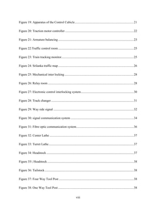 viii
Figure 19: Apparatus of the Control Cubicle...........................................................................21
Figure 20: Traction motor controller .......................................................................................22
Figure 21: Armature balancing................................................................................................23
Figure 22:Traffic control room................................................................................................25
Figure 23: Train tracking monitor............................................................................................25
Figure 24: Srilanka traffic map................................................................................................26
Figure 25: Mechanical inter locking........................................................................................28
Figure 26: Relay room .............................................................................................................28
Figure 27: Electronic control interlocking system...................................................................30
Figure 28: Track changer.........................................................................................................31
Figure 29: Way side signal ......................................................................................................32
Figure 30: signal communication system ................................................................................34
Figure 31: Fibre optic communication system.........................................................................36
Figure 32: Center Lathe ...........................................................................................................37
Figure 33: Turret Lathe............................................................................................................37
Figure 34: Headstock ...............................................................................................................37
Figure 35/; Headstock..............................................................................................................38
Figure 36: Tailstock .................................................................................................................38
Figure 37: Four Way Tool Post ...............................................................................................38
Figure 38: One Way Tool Post ................................................................................................38
 