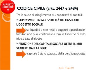 Tra le cause di scioglimento di una società di capitali:
SOPRAVVENUTA IMPOSSIBILITÀ DI CONSEGUIRE
L’OGGETTO SOCIALE
se non hai liquidità e non riesci a pagare i dipendenti e
fornitori non puoi continuare a fornire il servizio di asilo
nido e casa di riposo
RIDUZIONE DEL CAPITALE SOCIALE OLTRE I LIMITI
STABILITI DALLA LEGGE
il nostro capitale è stato azzerato dalla perdita prodotta
Santhià - 10 luglio 2013
ASPETTO
GIURIDIC
O CODICE CIVILE (artt. 2447 e 2484)CODICE CIVILE (artt. 2447 e 2484)
 