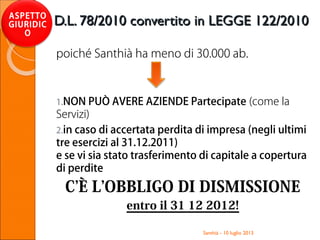 D.L. 78/2010 convertito in LEGGE 122/2010D.L. 78/2010 convertito in LEGGE 122/2010
poiché Santhià ha meno di 30.000 ab.
1.NON PUÒ AVERE AZIENDE Partecipate (come la
Servizi)
2.in caso di accertata perdita di impresa (negli ultimi
tre esercizi al 31.12.2011)
e se vi sia stato trasferimento di capitale a copertura
di perdite
C’È L’OBBLIGO DI DISMISSIONE
entro il 31 12 2012!
Santhià - 10 luglio 2013
ASPETTO
GIURIDIC
O
 