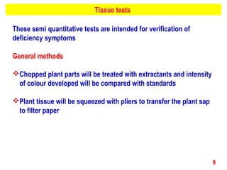 Tissue tests
These semi quantitative tests are intended for verification of
deficiency symptoms
General methods
Chopped plant parts will be treated with extractants and intensity
of colour developed will be compared with standards
Plant tissue will be squeezed with pliers to transfer the plant sap
to filter paper
9
 
