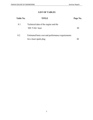 PAAVAI COLLEGE OF ENGINEERING Seminar Report
7
LIST OF TABLES
Table No. TITLE Page No.
8.1 Technical data of the engine and the
ND: YAG laser 40
8.2 Estimated basic cost and performance requirements
for a laser spark plug 48
 