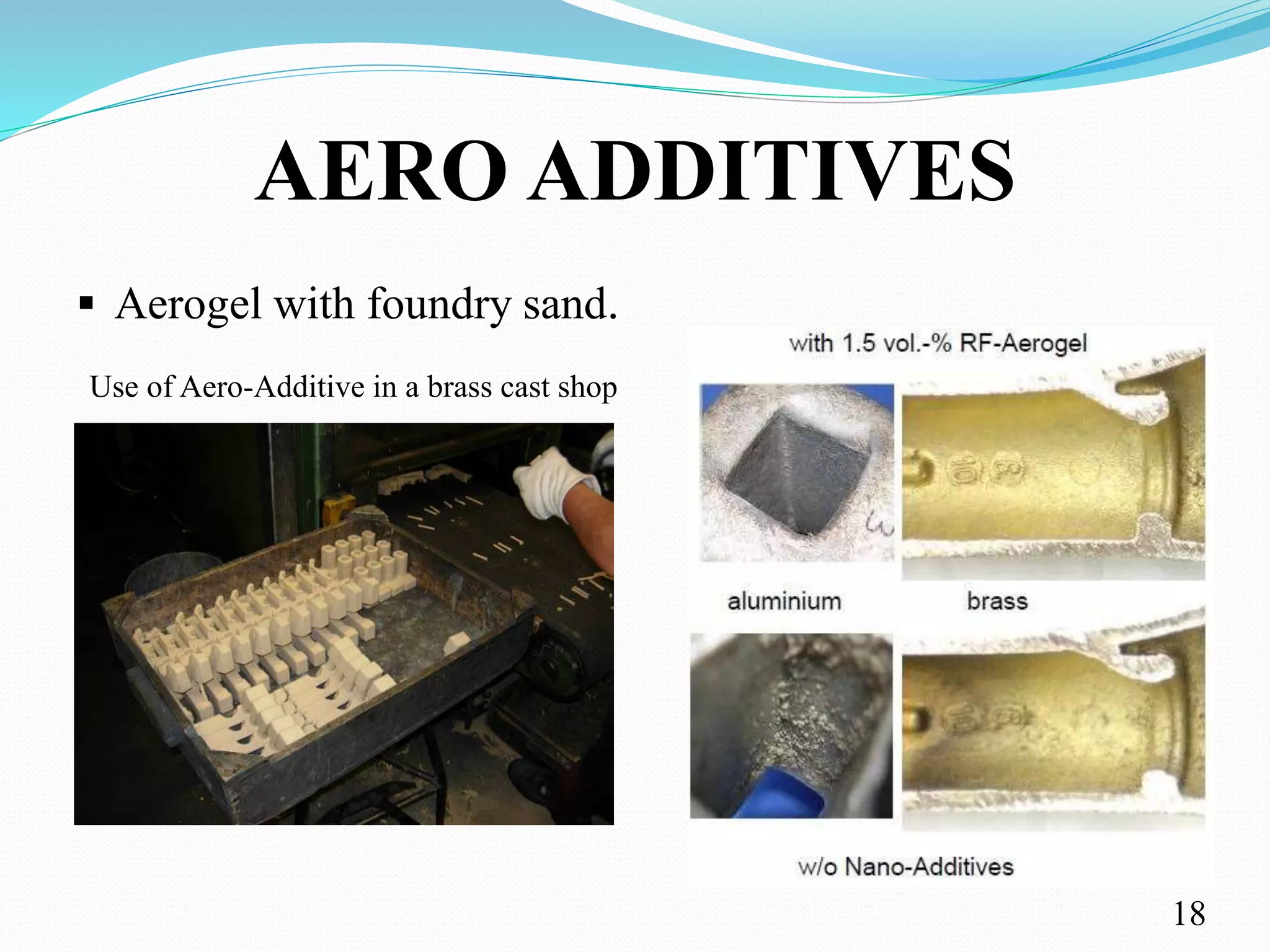 AERO ADDITIVES
 Aerogel with foundry sand.
Use of Aero-Additive in a brass cast shop
18
 