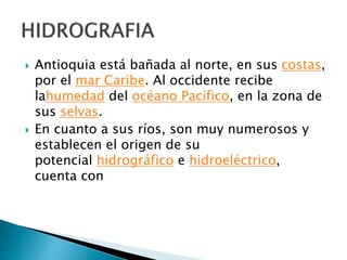  Antioquia está bañada al norte, en sus costas,
por el mar Caribe. Al occidente recibe
lahumedad del océano Pacífico, en la zona de
sus selvas.
 En cuanto a sus ríos, son muy numerosos y
establecen el origen de su
potencial hidrográfico e hidroeléctrico,
cuenta con
 