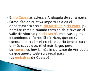  El río Cauca atraviesa a Antioquia de sur a norte.
 Otros ríos de relativa importancia en el
departamento son el río Medellín o río Porce (su
nombre cambia cuando termina de atravesar el
valle de Aburrá) y el río Nechí, en cuyas aguas
desemboca el Porce. El río Nare, que en su
cuenca alta recibe el nombre de río Negro, no es
el más caudaloso, ni el más largo, pero
su cuenca es hoy la más importante de Antioquia
ya que aporta todo su caudal para
los embalses de Guatapé,
 