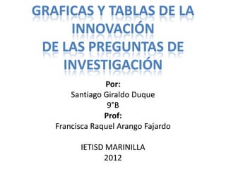 GRAFICAS Y TABLAS DE LA
     INNOVACIÓN
 DE LAS PREGUNTAS DE
    INVESTIGACIÓN
                Por:
       Santiago Giraldo Duque
                 9°B
                Prof:
   Francisca Raquel Arango Fajardo

         IETISD MARINILLA
               2012
 