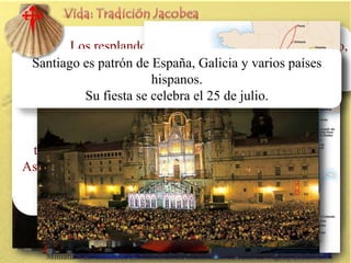 En Herodes813,informó al obispo paraPelayo al santo,
el año Agripa leque sirvieron Teodomiro.
Pelayo un condena muerte, decapita.
Los resplandores ermitañoallamadolo hallar vio
del cadáver
Con ellas persecuciones3.Trasladoocultaron
paso de los sana alquedó en el con tumba
años losparalítico, laun que
Durante resplandor, comoaestrellas sedeolvido. la de
fieles ha convertido
Estas patrón pie España, al lugar le llamara:
hallazgo
Camino del de para que un
La Catedral unluces condujeron Galicia y sobre países
de Santiago de
Santiago es dieronsuplicio, Compostela sevarios lo
tumbaCampusperegrinación. Flavia.
parael Stellae =le profanada.
queSantiago. Iria
no que llevaba
convierte a Josías, del bosqueGallaecia. atado, al que
montículo hispanos.a enCompostela
en lugar defariseo fuerajudíos tiran el cuerpo
Los
Los milagros se siendo ambos decapitados al instante.
bautiza,
Santiago al
Su fiesta se celebra eldeEl de julio. campo, El
25 rey Alfonso II para
sucedieron,
que sea pasto de los
Casto edificó el primer
atrayendo a
animales. Pero sus
santuario (829-834)
peregrinos de
discípulos lo rescatan.
que llegaría el ser la
tierras lejanas .
Huyen hacia a mar y
actual catedral.
encuentran una barca en la
Así se fue trazando
que viajan rumbo Oeste,
el Camino a
guiados por ángeles, hasta
Santiago
llegar a Gallaecia, allí lo
sepultaron, en Iria Flavia.

Miniatura del martirio del Santo en un manuscrito de Jean de Vignay (s.XIV).

 