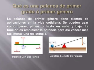La palanca de primer género tiene cientos de
aplicaciones en la vida cotidiana. Se pueden usar
como tijeras, pinzas o hasta un sube y baja. La
función es amplificar la potencia para así vencer más
fácilmente una resistencia.
Palanca Con Sus Partes Un Claro Ejemplo De Palanca
 