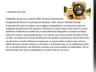 Derechos de autor
Fotógrafos de prensa, Londres,1929. (Autoría desconocida)
Fotografiando flores en el parque de Kowloon, 2012. (Autor: Michael Elleray)
El derecho de autor considera a las imágenes fotográficas a los fines de tutelar las
imágenes de personas o de aspectos, elementos o hechos de la vida natural o social
obtenidas mediante el empleo de un procedimiento fotográfico o proceso análogo.
Todos los autores, sean profesionales o no, tienen, por el solo hecho de haber hecho
su obra, en exclusiva una serie de derechos de carácter económico y moral sobre ésta.
Los derechos morales definen el respeto de su autoría sobre la obra y por tanto el
deber de hacer constar siempre su nombre, y el derecho que no se modifique la obra
sin su consentimiento. Los derechos morales son irrenunciables e inalienables. Por lo
tanto siempre han de ser respetados y no tiene valor la renuncia.
 