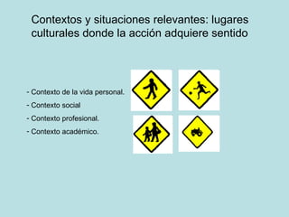 Contexto de la vida personal. Contexto social Contexto profesional. Contexto académico. Contextos y situaciones relevantes: lugares  culturales donde la acción adquiere sentido 