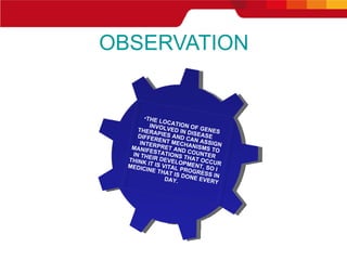 OBSERVATION THE LOCATION OF GENES INVOLVED IN DISEASE THERAPIES AND CAN ASSIGN DIFFERENT MECHANISMS TO INTERPRET AND COUNTER MANIFESTATIONS THAT OCCUR IN THEIR DEVELOPMENT, SO I THINK IT IS VITAL PROGRESS IN MEDICINE THAT IS DONE EVERY DAY.  