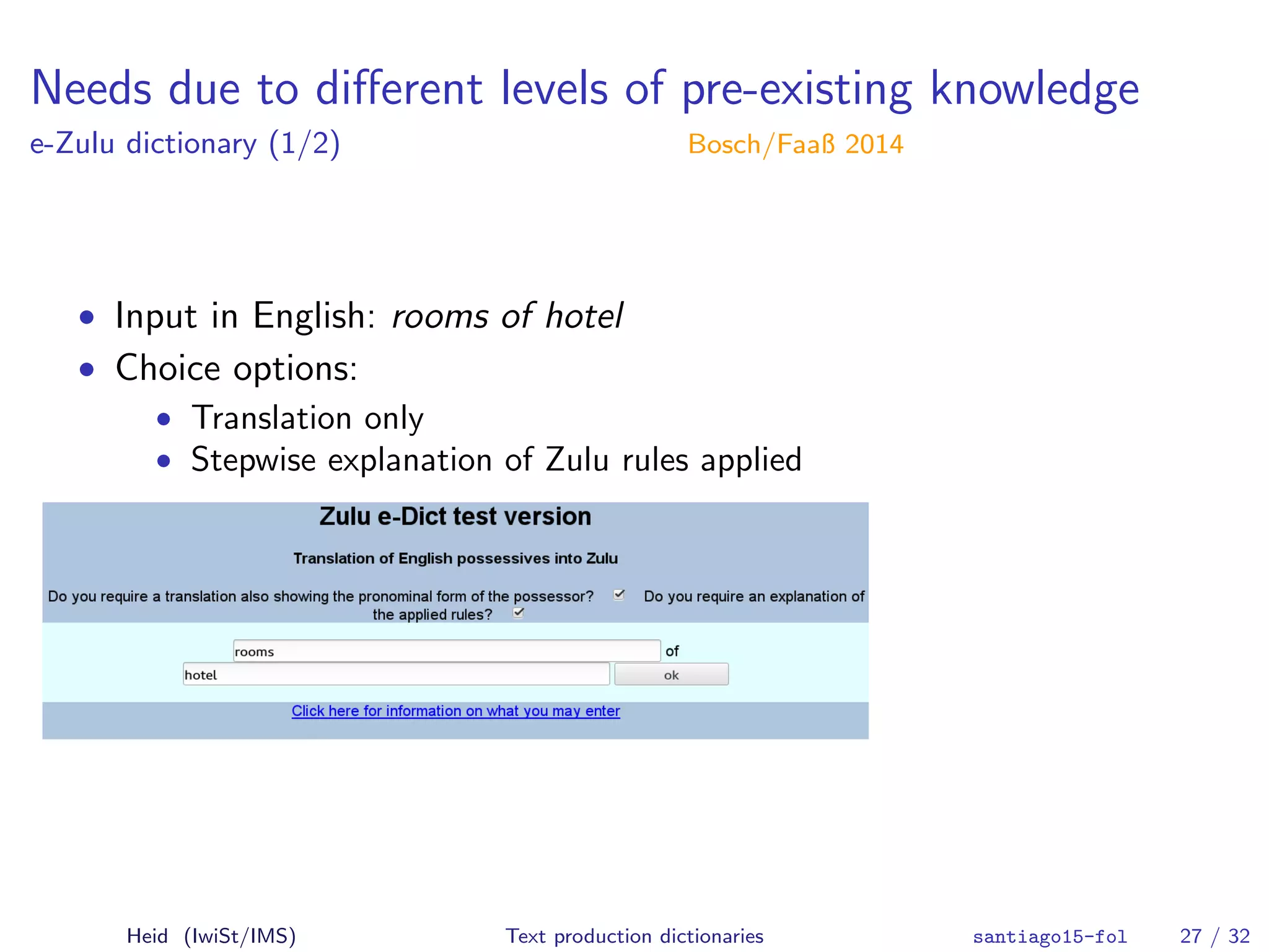 Needs due to diﬀerent levels of pre-existing knowledge
e-Zulu dictionary (1/2) Bosch/Faaß 2014
• Input in English: rooms of hotel
• Choice options:
• Translation only
• Stepwise explanation of Zulu rules applied
Heid (IwiSt/IMS) Text production dictionaries santiago15-fol 27 / 32
 