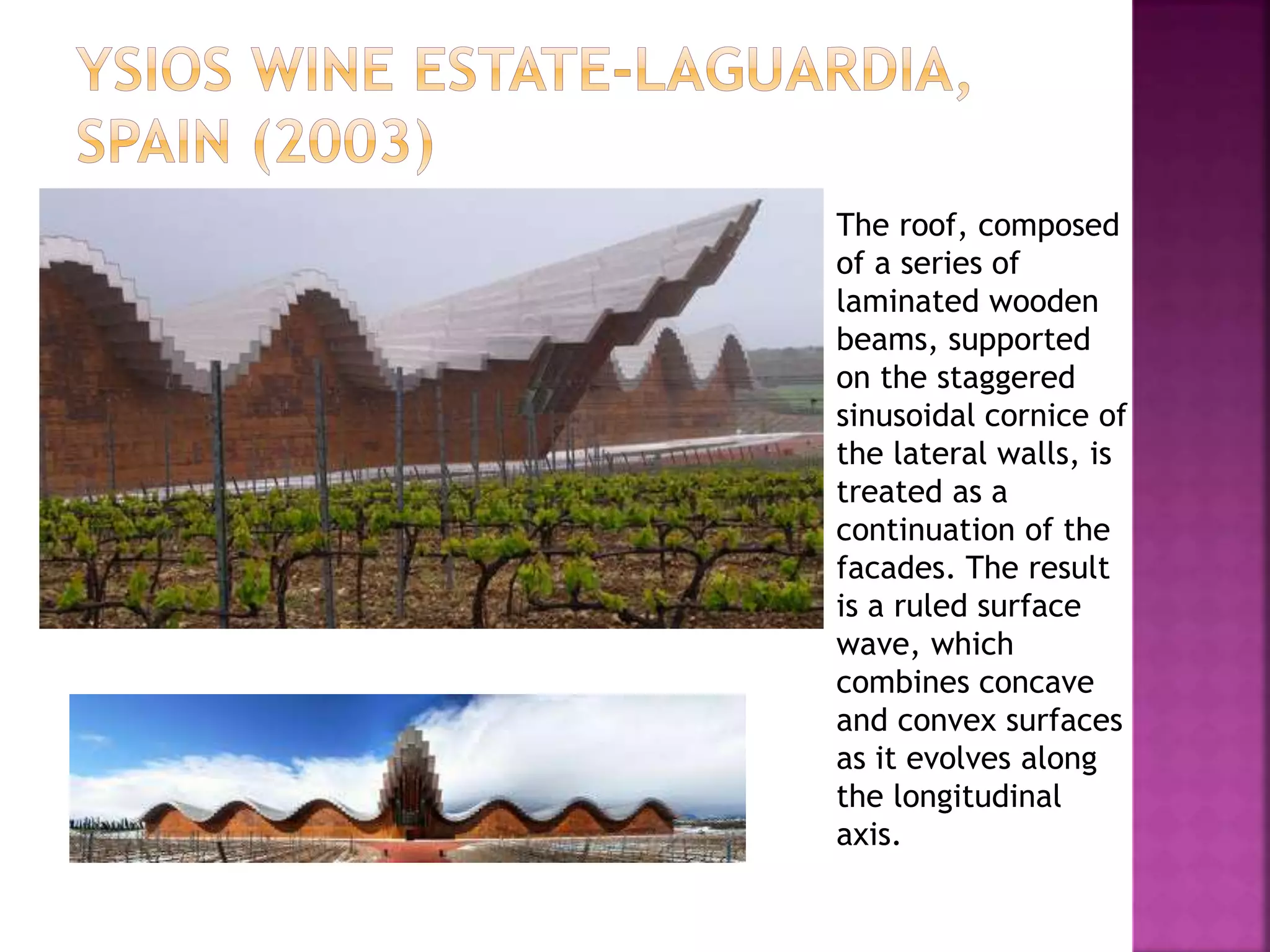 The roof, composed
of a series of
laminated wooden
beams, supported
on the staggered
sinusoidal cornice of
the lateral walls, is
treated as a
continuation of the
facades. The result
is a ruled surface
wave, which
combines concave
and convex surfaces
as it evolves along
the longitudinal
axis.
 