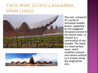 The roof, composed
of a series of
laminated wooden
beams, supported
on the staggered
sinusoidal cornice of
the lateral walls, is
treated as a
continuation of the
facades. The result
is a ruled surface
wave, which
combines concave
and convex surfaces
as it evolves along
the longitudinal
axis.
 