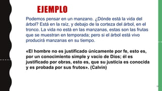 EJEMPLO
34
Podemos pensar en un manzano. ¿Dónde está la vida del
árbol? Está en la raíz, y debajo de la corteza del árbol, en el
tronco. La vida no está en las manzanas, estas son las frutas
que se muestran en temporada; pero si el árbol está vivo
producirá manzanas en su tiempo.
«El hombre no es justificado únicamente por fe, esto es,
por un conocimiento simple y vacío de Dios; él es
justificado por obras, esto es, que su justicia es conocida
y es probada por sus frutos». (Calvin)
 