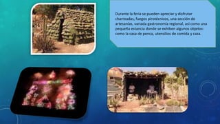 Durante la feria se pueden apreciar y disfrutar
charreadas, fuegos pirotécnicos, una sección de
artesanías, variada gastronomía regional, así como una
pequeña estancia donde se exhiben algunos objetos:
como la casa de penca, utensilios de comida y caza.
 