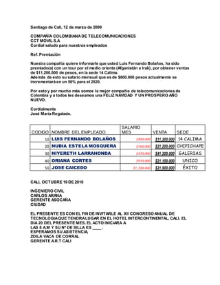 Santiago de Cali, 12 de marzo de 2009
COMPAÑÍA COLOMBIANADE TELECOMUNICACIONES
CCT MOVIL S.A
Cordial saludo para nuestros empleados
Ref. Premiación
Nuestra compañía quiere informarle que usted Luis Fernando Bolaños, ha sido
premiado(a) con un tour por el medio oriente (Afganistán e Irak), por obtener ventas
de $11.200.000 de pesos, en la sede 14 Calima.
Además de esto su salario mensual que es de $800.000 pesos actualmente se
incrementará en un 50% para el 2020.
Por esto y por mucho más somos la mejor compañía de telecomunicaciones de
Colombia y a todos les deseamos una FELIZ NAVIDAD Y UN PROSPERO AÑO
NUEVO.
Cordialmente
José María Regalado.
CODIGO NOMBRE DEL EMPLEADO
SALARIO
MES VENTA SEDE
10 LUIS FERNANDO BOLAÑOS $800.000 $11.200.000 14 CALIMA
20 NUBIA ESTELA MOSQUERA $560.000 $21.200.000 CHIPICHAPE
30 NIYERETH LARRAHONDA $450.000 $41.200.000 GALERIAS
40 ORIANA CORTES $950.000 $21.100.000 UNICO
50 JOSE CAICEDO $1.200.000 $21.900.000 ÉXITO
CALI, OCTUBRE 19 DE 2010
INGENIERO CIVIL
CARLOS ARANA
GERENTE ASOCAÑA
CIUDAD
EL PRESENTE ES CON EL FIN DE INVITARLE AL XII CONGRESO ANUAL DE
TECNOLOGIAQUE TENDRALUGAR EN EL HOTEL INTERCONTINENTAL, CALI, EL
DIA 20 DEL PRESENTE MES. EL ACTO INICIARA A
LAS 8 A.M Y SU Nº DE SILLA ES ____ .
ESPERAMOS SU ASISTENCIA,
ZOILA VACA DE CORRAL
GERENTE A.R.T CALI
 