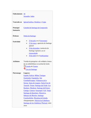 Fallecimiento 44
Jerusalén, Judea
Venerado en IglesiaCatólica, Ortodoxa y Copta
Principal
Santuario
Catedral de Santiago de Compostela
Órdenes Orden de Santiago
Festividad
25 de julio en el ritoromano
23 de mayo: aparición de Santiago
apóstol
30 de diciembre: traslación de
Santiago Apóstol y en el
ritomozárabe
30 de abril en el ritobizantino
Atributos Vestido de peregrino o de soldado a lomos
de un caballoblanco en actitud de lucha
Concha de Venera
Cruz de Santiago
Patronazgo Lugares:
España,2
Galicia, Bilbao,3
Antigua
Guatemala, Esquipulas, San
CristóbalVerapaz, Villanueva de la
Serena, Sama de Langreo, Santa Cruz de
Tenerife, Triana, Santiago del Teide, Los
Realejos, Mendoza, Santiago del Estero,
Cartago, Caracas, Guayaquil, Cali, Tunja,
Santiago de Querétaro, Monclova,
Sahuayo de Morelos, Santiago
Coachochitlán, Moyahua de Estrada,
silaoguanajuato, Natá de los Caballeros,
Santiago de los Caballeros,4
Puriscal, entre
otros
 
