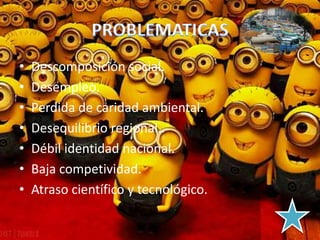 • Descomposición social.
• Desempleo.
• Perdida de caridad ambiental.
• Desequilibrio regional..
• Débil identidad nacional.
• Baja competividad.
• Atraso científico y tecnológico.
 